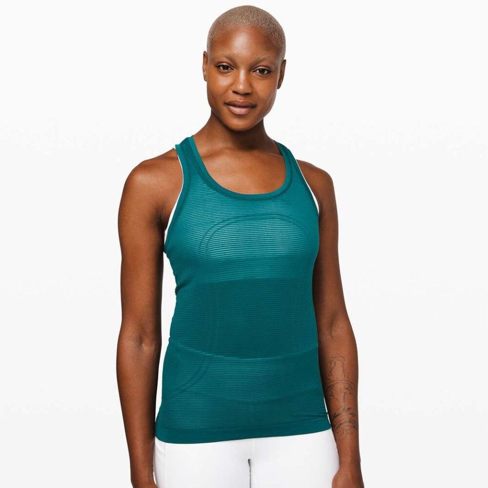 Lululemon Swiftly Speed Racerback Sheer Stripe, size 10, in emerald